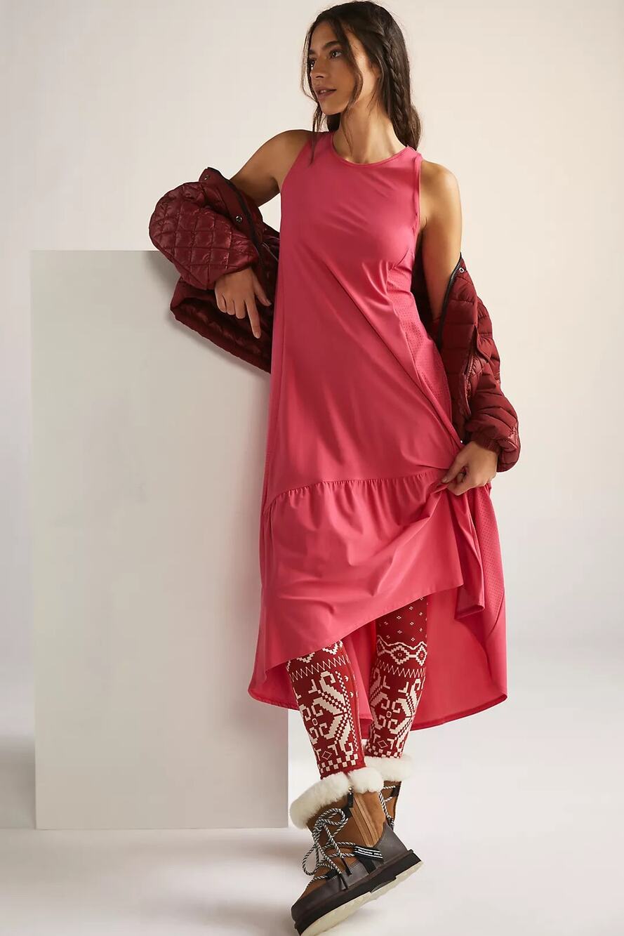 Sweaty Betty Pink Explorer Ace High Low Perforated Ruffle Midi Dress Large